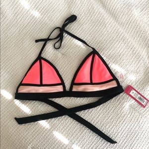 Pink and Black Color Block Triangle Bikini Top